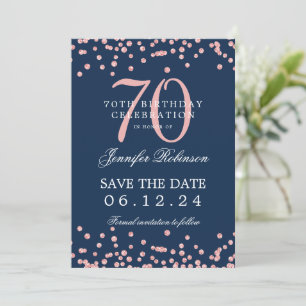 Rose Gold 70 Geburtstag Rett Datum Confetti Navy B Einladung