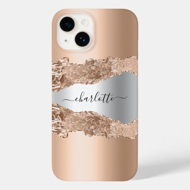 Rose Gold-Agar-Marmor-Namensskript Case-Mate iPhone 14 Hülle (Rückseite)