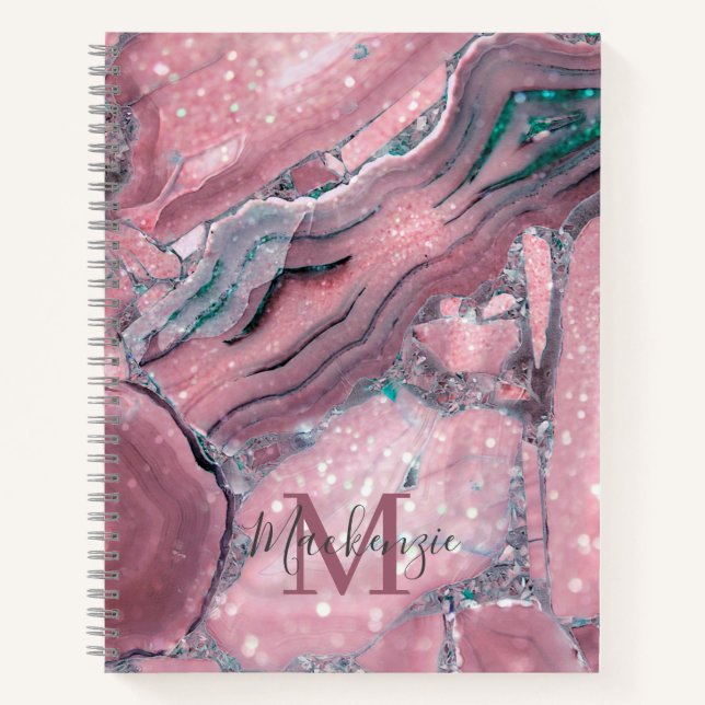 Rose Gold Agate Geode Chic Sparkle Monogram Notizbuch (Vorderseite)