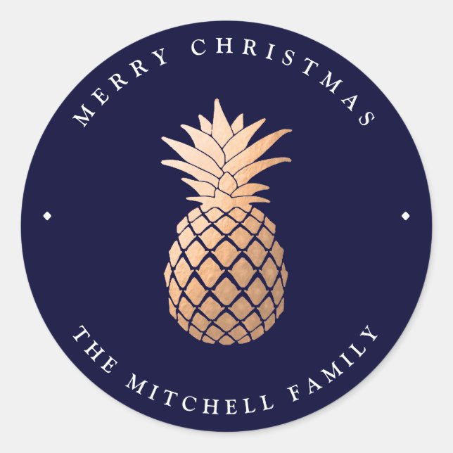 Rose Gold Ananas auf Navy Blue | Weihnachten Runder Aufkleber (Vorderseite)