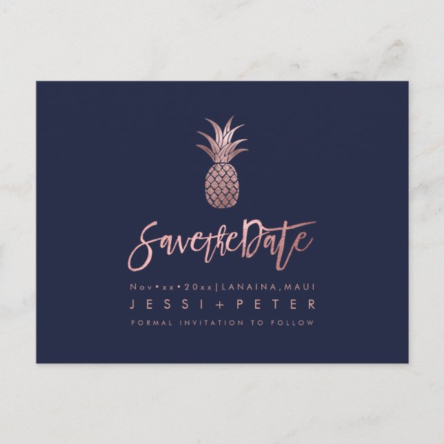 Rose Gold Ananas+DIY Hintergrund Navy Blue Ankündigungspostkarte (Vorderseite)