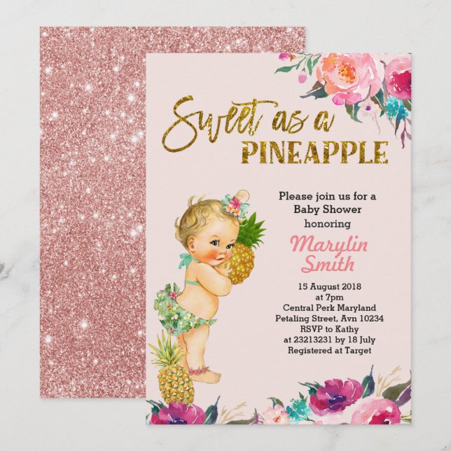 Rose Gold Ananas Kinderdusche Einladung (Vorne/Hinten)