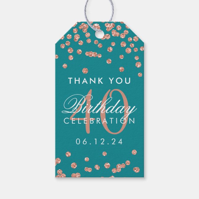 Rose Gold Aquamarin 40. Geburtstag Danke Confetti Geschenkanhänger (Vorderseite)