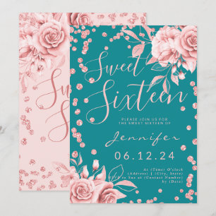 Rose Gold Aquamarin Sweet 16 Glitzer Confetti Flor Einladung