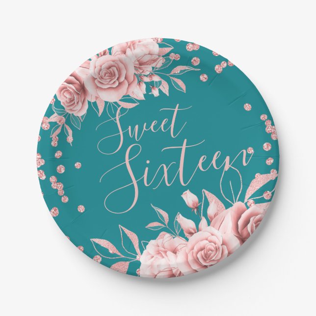 Rose Gold Aquamarin Sweet 16 Glitzer Confetti Flor Pappteller (Vorderseite)