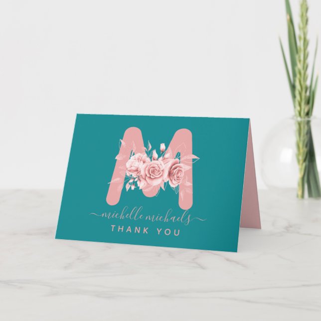 Rose Gold Aquamarin Vielen Dank, Floral Monogram Karte (Vorderseite)
