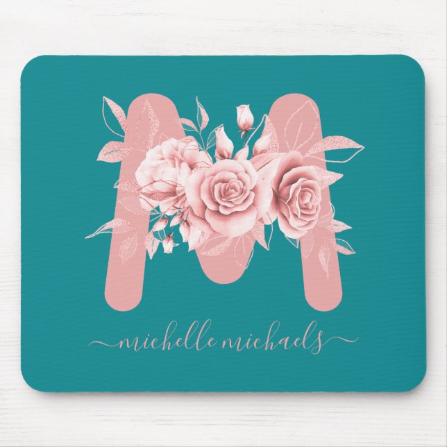 Rose Gold Aquamarine Blumenfarbe Monogramm Mousepad (Vorne)