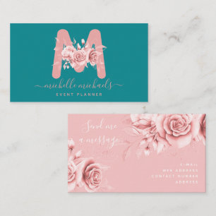 Rose Gold Aquamarine Blumenfarbe Monogramm Visitenkarte