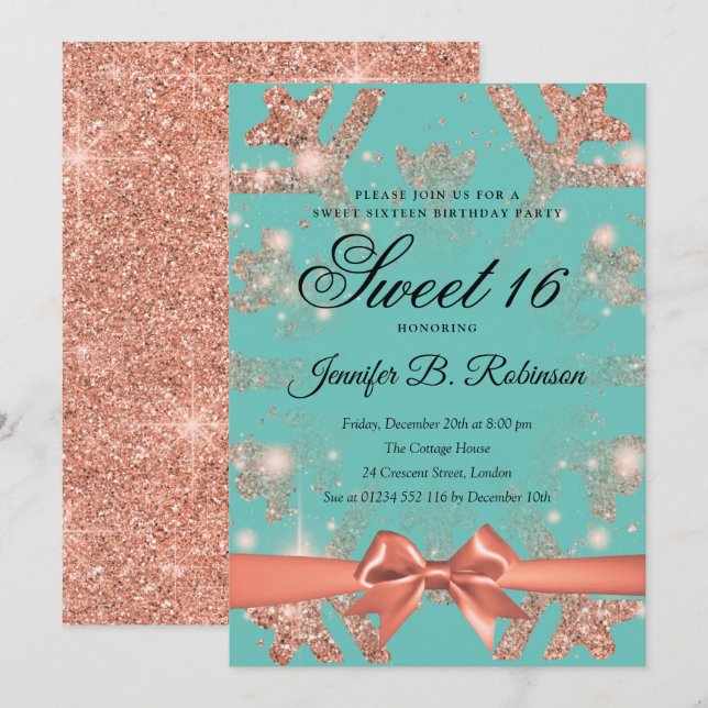 Rose Gold Aquamariner Glitzer & Ribbon Winter Swee Einladung (Vorne/Hinten)