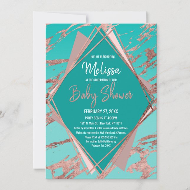 Rose Gold Aquamariner grüner Marmor Diamant Babydu Einladung (Vorderseite)