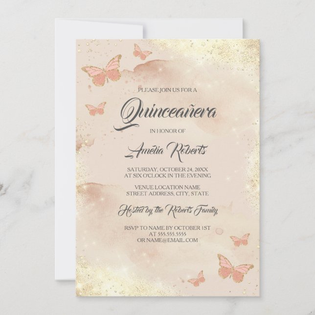 Rose Gold Aquarell Schmetterlingskleid Quinceanera Einladung (Vorderseite)