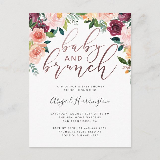 Rose Gold Aquarellbrunch Babydusche Einladungspostkarte (Vorderseite)