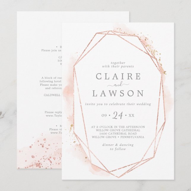 Rose Gold Aquarellfarbe Geometrisch alles in einer Einladung (Vorne/Hinten)