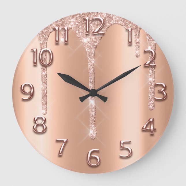 Rose Gold Arabische Nummern Glitzer Tropfen Schwar Große Wanduhr (Vorderseite)