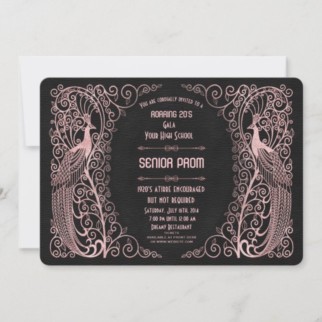 Rose Gold Art Deco Peacocks Senior Prom Einladung (Vorderseite)
