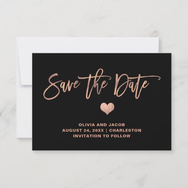 Rose Gold auf Schwarz mit Herz | Foto zurück Save The Date (Vorderseite)