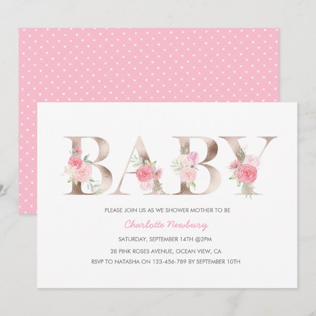 Rose gold Baby Dusche Einladung (Vorne/Hinten)