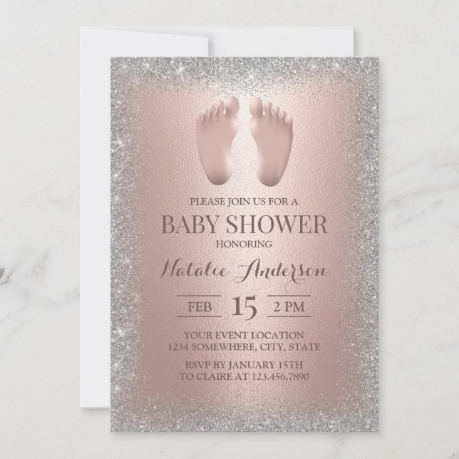 Rose Gold Baby Feet Silver Glitzer Babydusche Einladung (Vorderseite)