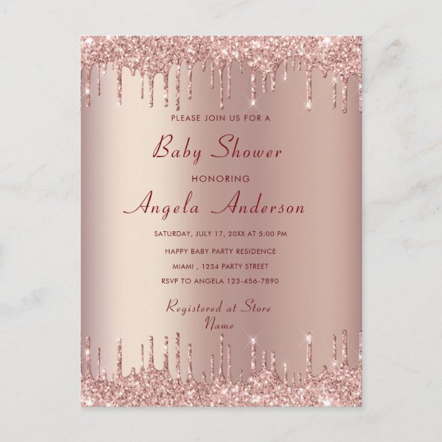 Rose Gold Baby Girl Dusche Einladung mit QR Code Postkarte (Vorderseite)