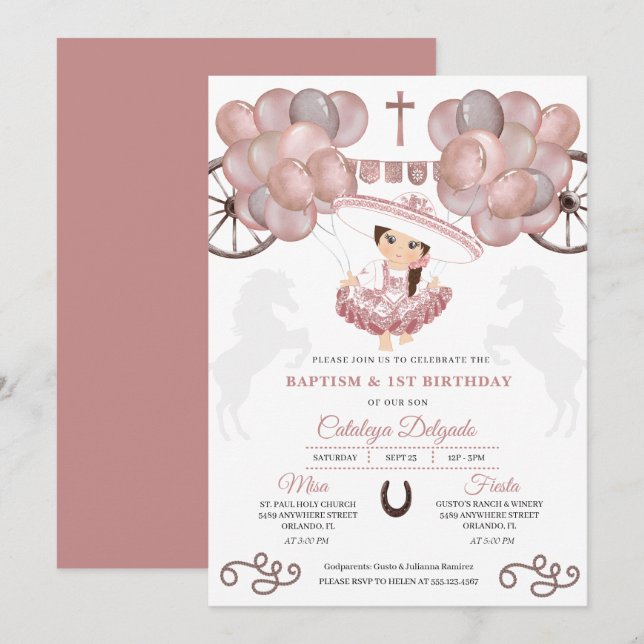 Rose Gold Baby Mexican Charra Balloons Taufe Einladung (Vorne/Hinten)