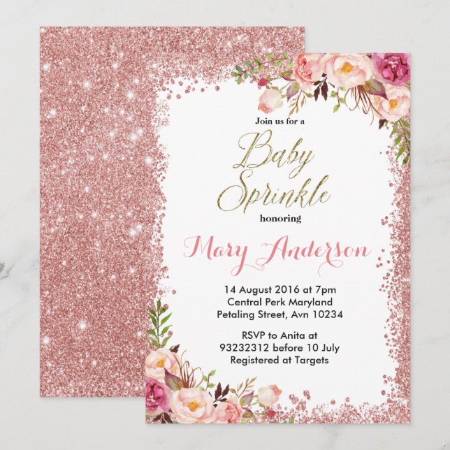 Rose Gold Baby Sprinkle Einladung Girl (Vorne/Hinten)