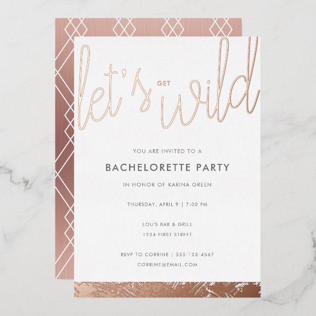 Rose Gold Bachelorette Rose Goldene Foil Folieneinladung (Vorderseite/Rückseite)
