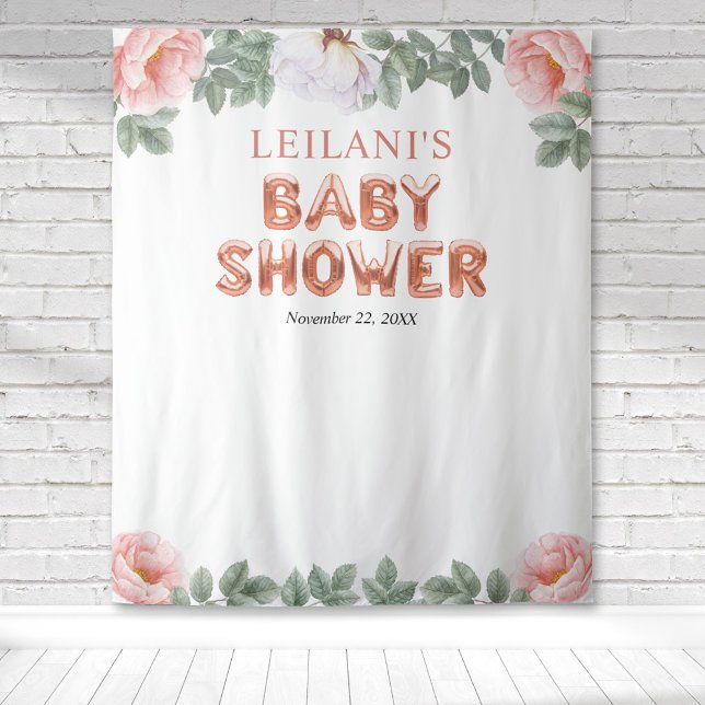 Rose Gold Ballon Babydusche Rosa Blumenkugel Hinte Wandteppich (Pink and white peony with rose gold balloon lettered baby shower for a botanical backdrop for photos)