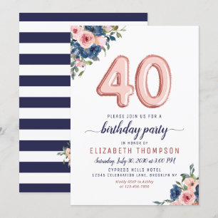 Rose Gold Ballon Floral Navy Blush 40. Geburtstag Einladung
