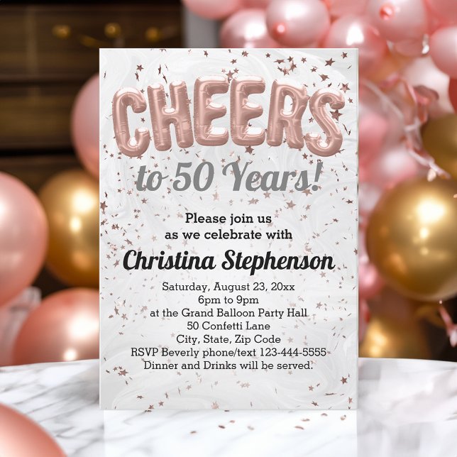 Rose Gold Ballon freut sich auf 50 Jahre 50. Gebur Einladung (rose gold 50th birthday party invitations)