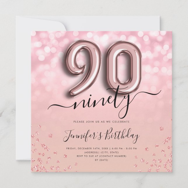 Rose Gold Ballon Glitzer 90. Geburtstag Einladung (Vorderseite)