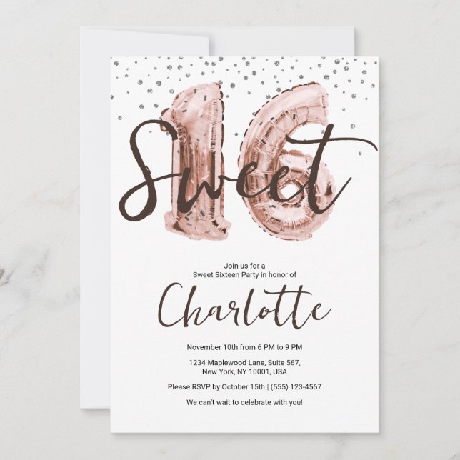 Rose Gold Ballon Silver Glitzer Sweet 16 Party Einladung (Vorderseite)