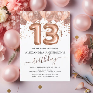 Rose Gold Ballons 13. Geburtstagsparty Confetti Einladung