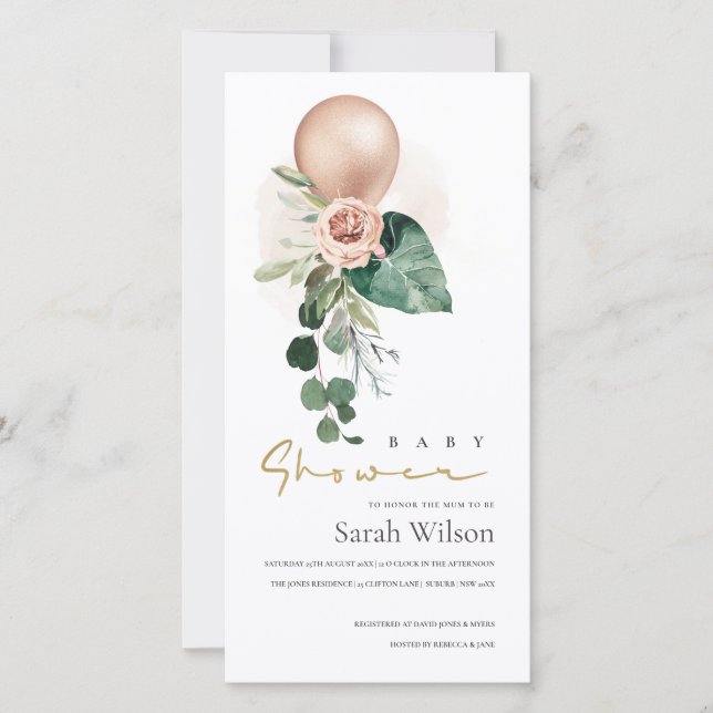 ROSE GOLD BALLOON FLORAL BUNCH BABY SHOWITE EINLAD DANKESKARTE (Vorderseite)