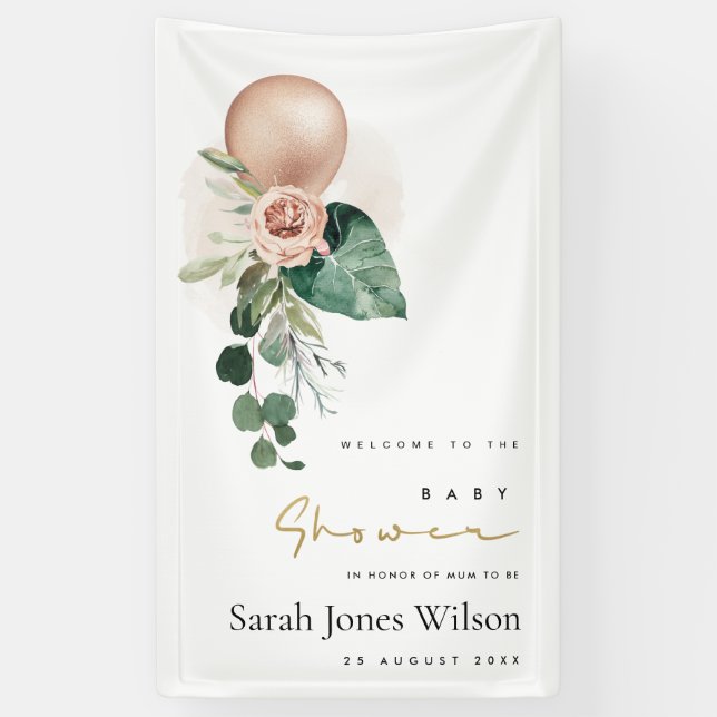 ROSE GOLD BALLOON PEACH FLORAL BUNCH BABY DUSCHE BANNER (Vertikal)