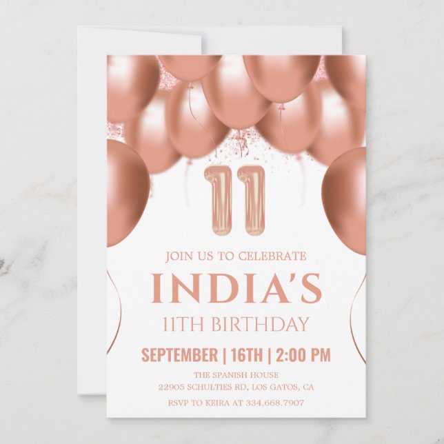 Rose Gold Balloons 11. Geburtstag Einladung (Vorderseite)