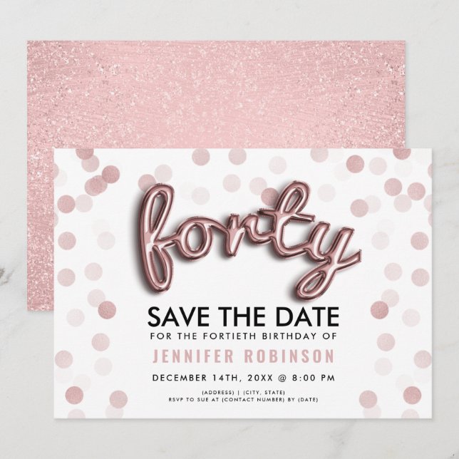 Rose Gold Balloons Glitzer 40. Geburtstag Einladung (Vorne/Hinten)