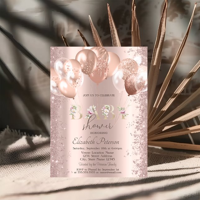 Rose Gold Balloons Glitzer Confetti Babydusche Einladung (Von Creator hochgeladen)