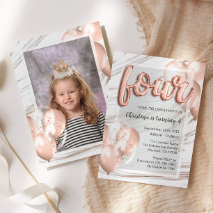 Rose Gold Balloons Marble Girls 4. Geburtstag Foto Einladung
