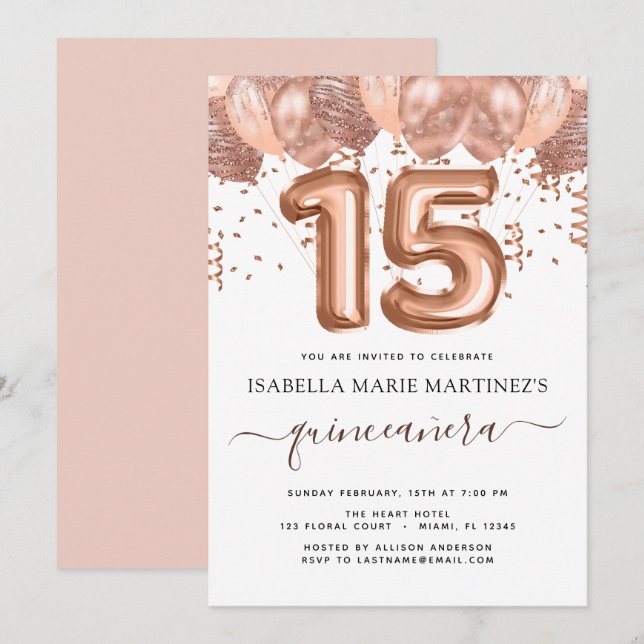 Rose Gold Balloons Quinceañera Feier Einladung (Vorne/Hinten)