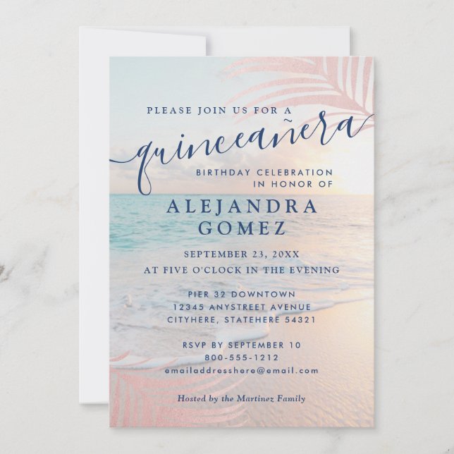 Rose Gold Beach Quinceañera Pink 15. Geburtstag Einladung (Vorderseite)