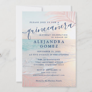 Rose Gold Beach Quinceañera Pink 15. Geburtstag Einladung