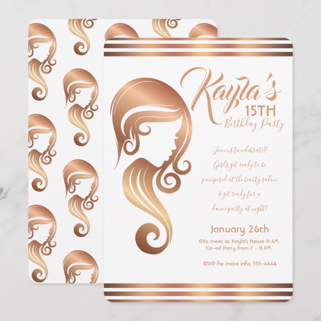 Rose Gold Beauty Girl Haar & Makeup Salon Party Einladung (Vorne/Hinten)