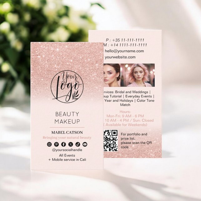 Rose Gold Beauty Makeup Artist Fotos QR Code Visitenkarte (Rose Gold Beauty Makeup Artist Photos QR Code Business Card)