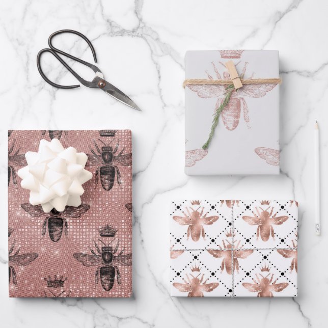 Rose Gold Bee Muster Geschenkpapier Set (Vorderseite)