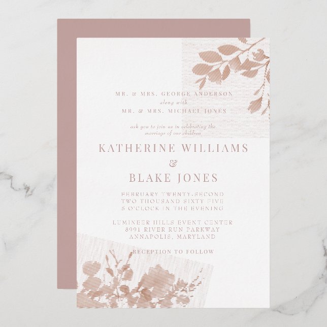 Rose Gold Beide Eltern Dusty Rose Hochzeit Folieneinladung (Vorderseite/Rückseite)