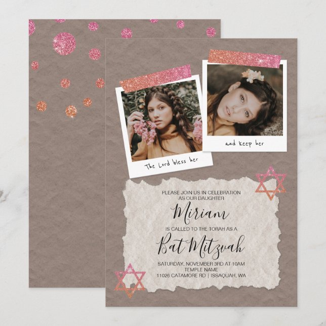 Rose Gold, Beige Scrapbook Bat Mitzvah Einladung (Vorne/Hinten)