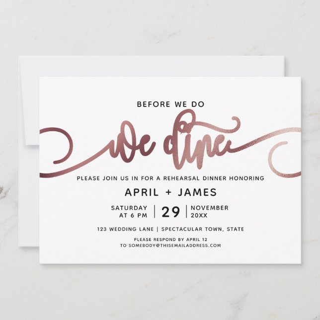 Rose Gold bevor wir essen Probe Dinner Einladung (Vorderseite)