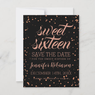 Rose Gold Blac Sweet 16 Rett Datum Sparkle Confett Save The Date