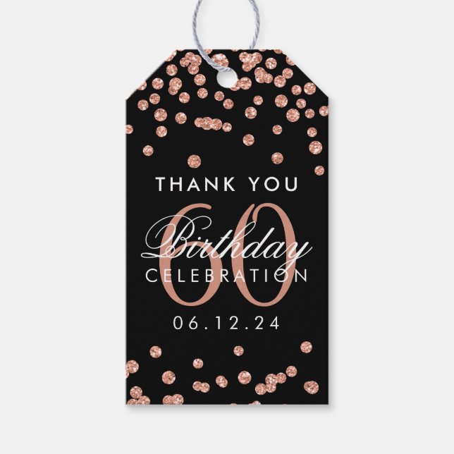 Rose Gold Black 60. Geburtstag Danke Confetti Geschenkanhänger (Vorderseite)