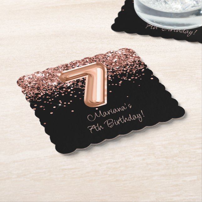 Rose Gold Black 7. Geburtstagsparty Untersetzer (angewinkelt)